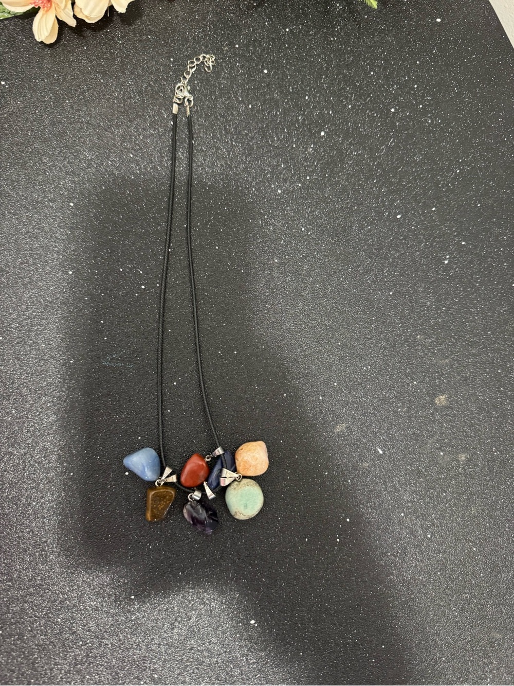 Multi-Stone Pendant Necklace with Assorted Gem Charms - Black Cord
